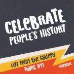 black, white, yellow, and orange graphic with zig-zag running through the bottom half of the image, text reads, "celebrate people's history, live from the gallery, thurs. 1pm, @gvsuart" on September 3, 2020
